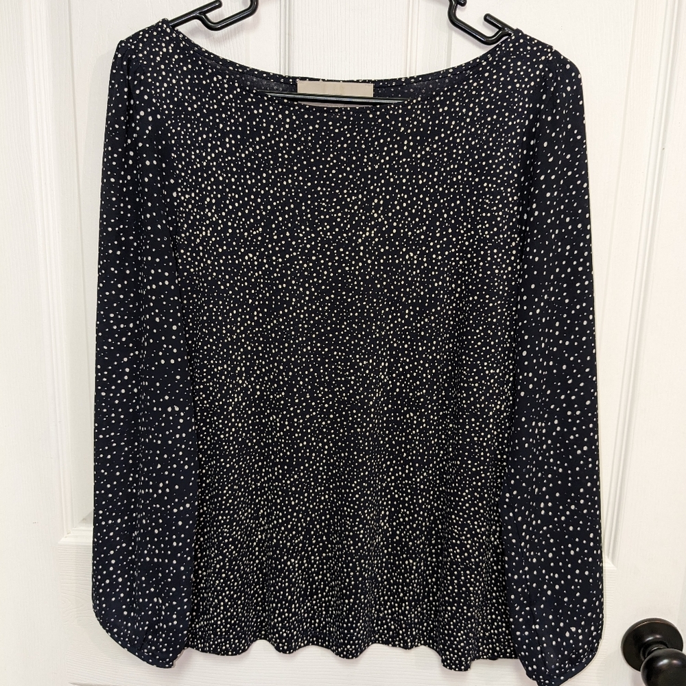 Ann Taylor Loft Long Sleeve Navy and Cream Lightweight Blouse Petite Medium EUC